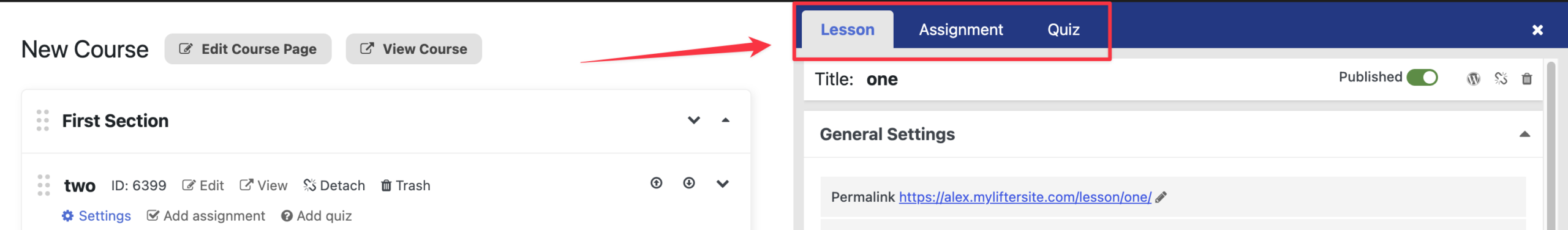The lesson settings panel has three tabs Lesson, Assignment, and Quiz