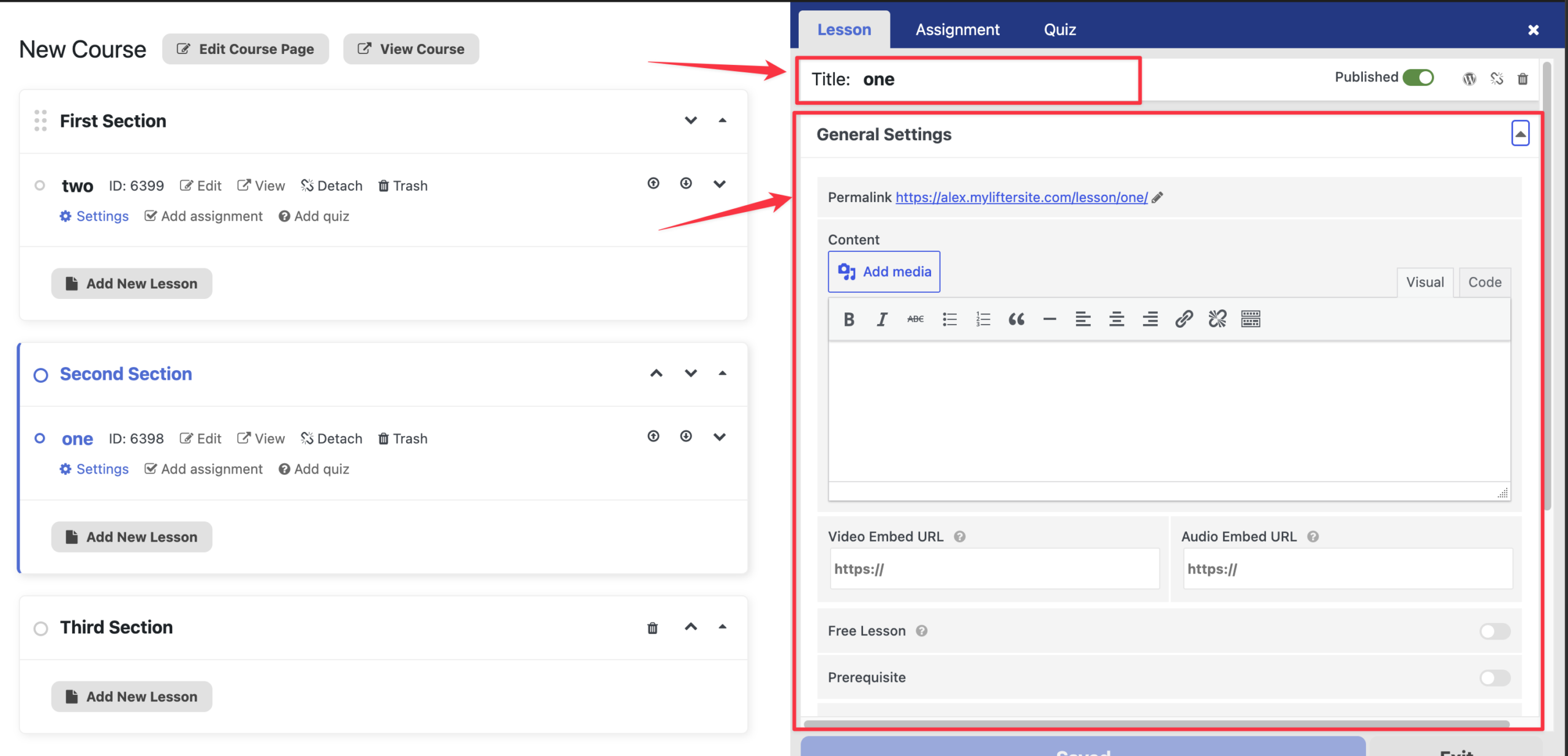The Lesson tab is divided into two sections the Title toolbar and the General Settings panel