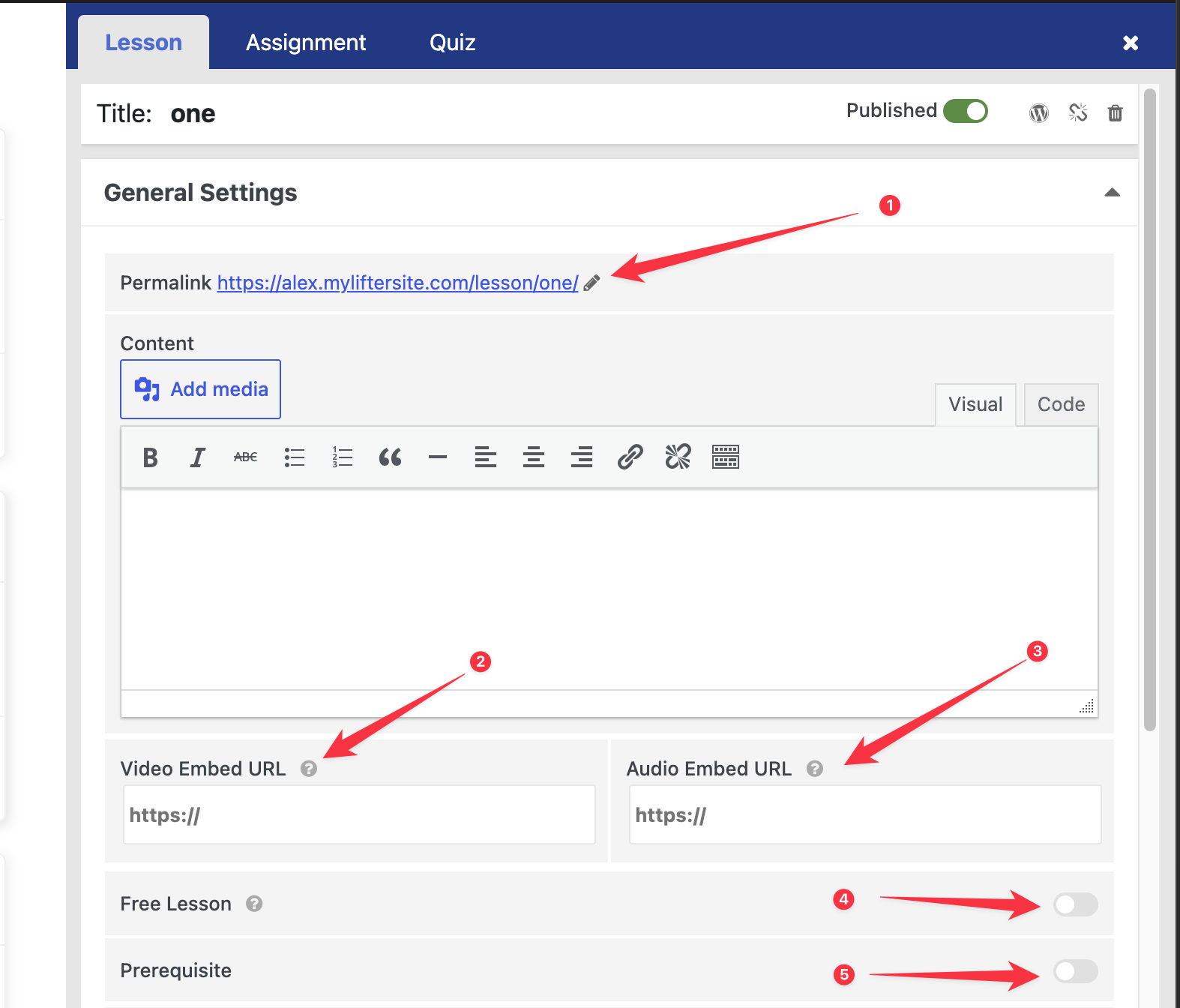 The Lesson General Settings panel