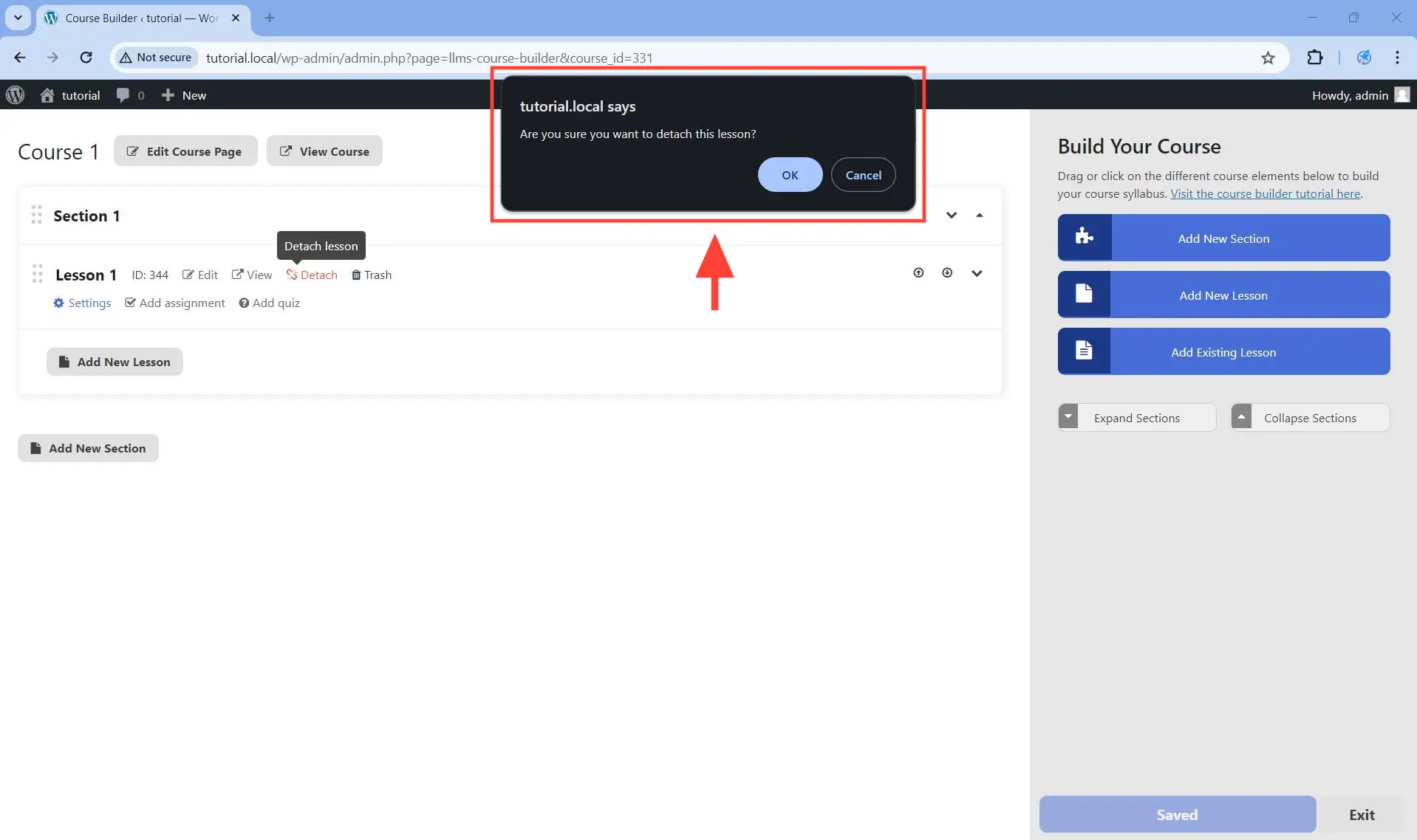 A dialog box asking you to confirm if you really want to detach the lesson or not