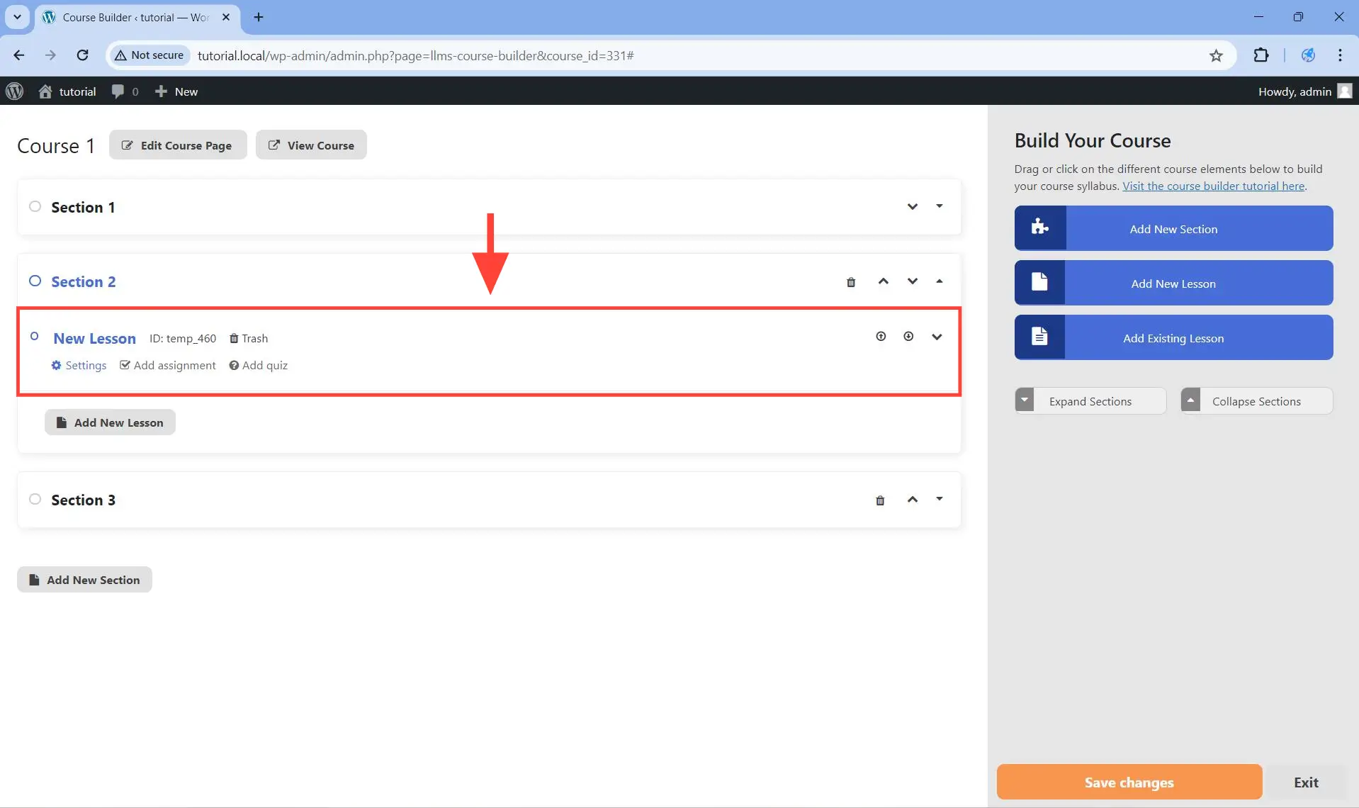A new lesson will be added on the currently selected section