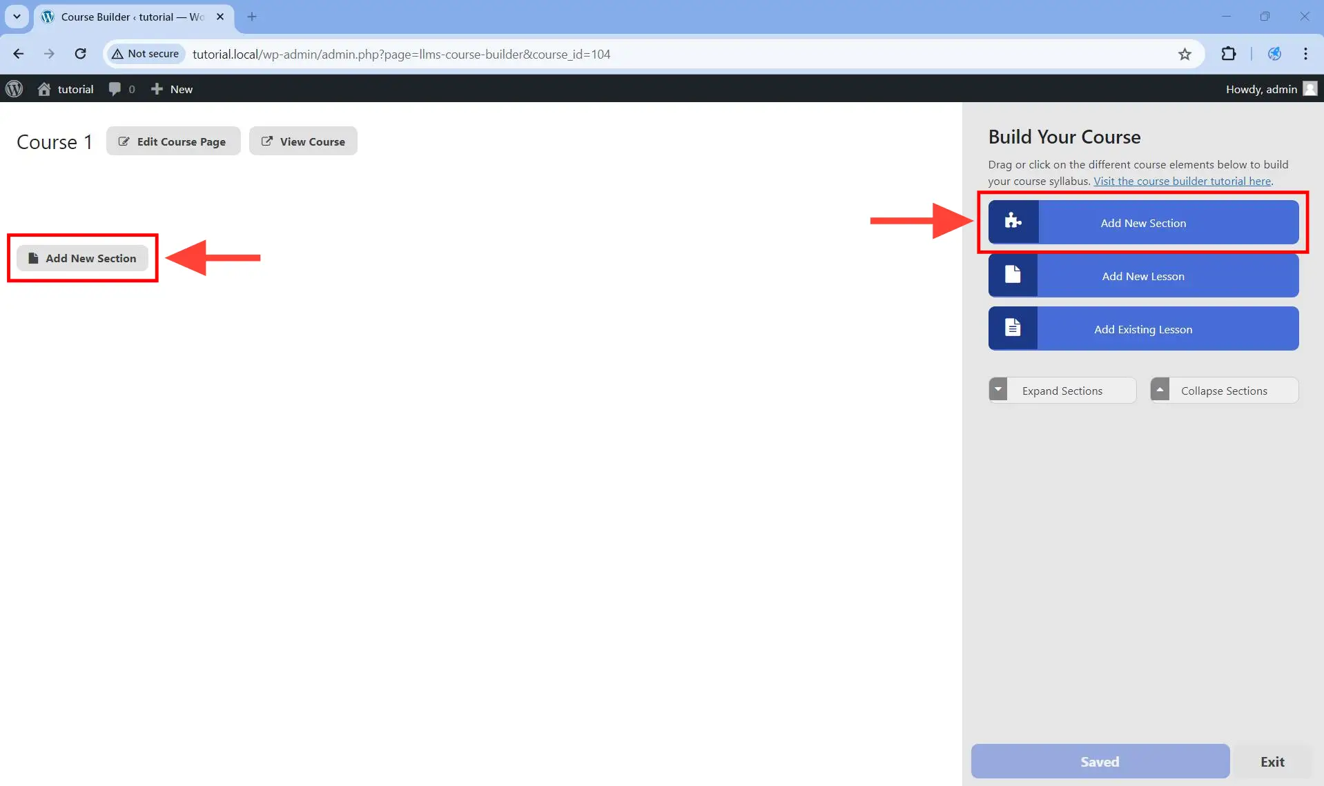 Buttons for creating sections