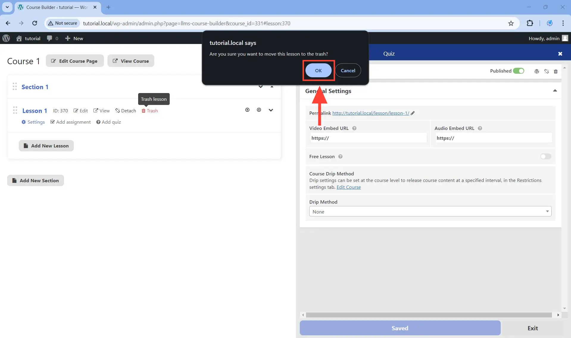 Click OK to confirm deleting the lesson