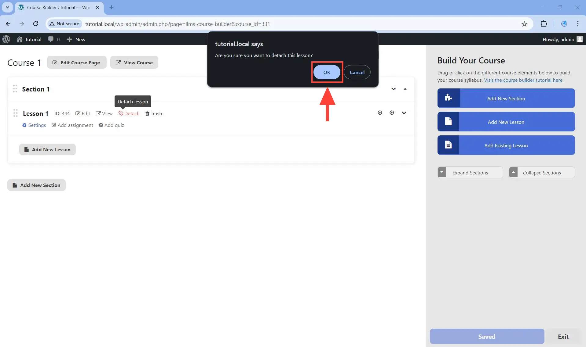 Click on OK to confirm the detachment