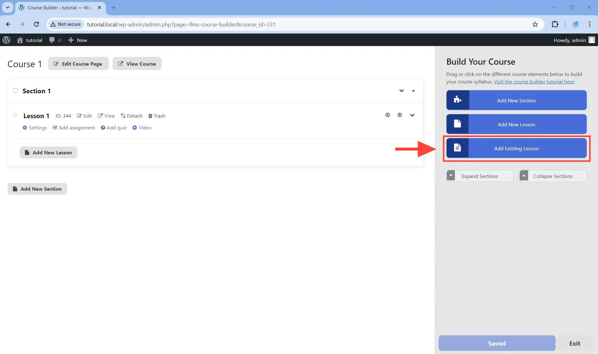 Click on the Add Existing Lesson button on the side
