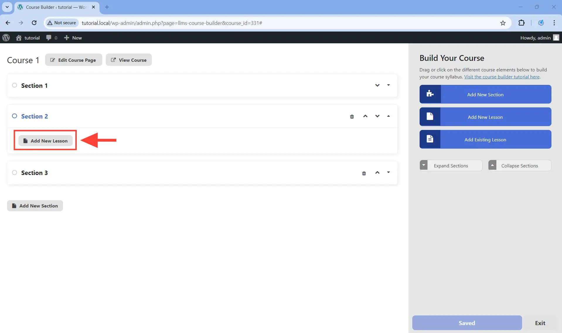 Click on the Add New Lesson button at the bottom of that specific section you want to add a lesson to