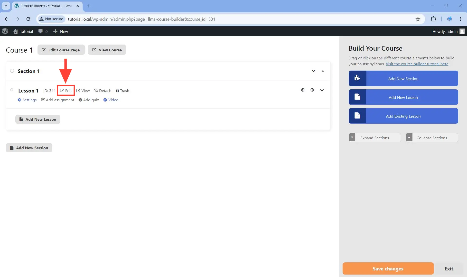 Click on the Edit button of the lesson you want to edit in the block editor