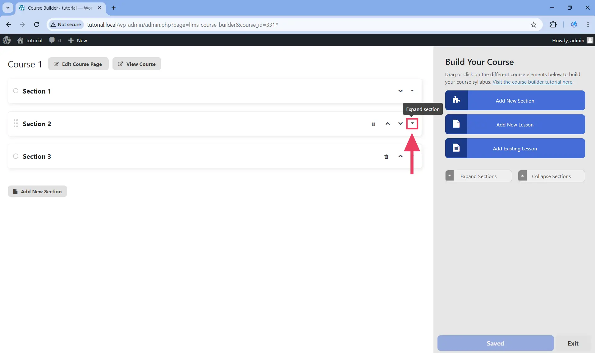 Click on the Expand Section button to expand an individual section