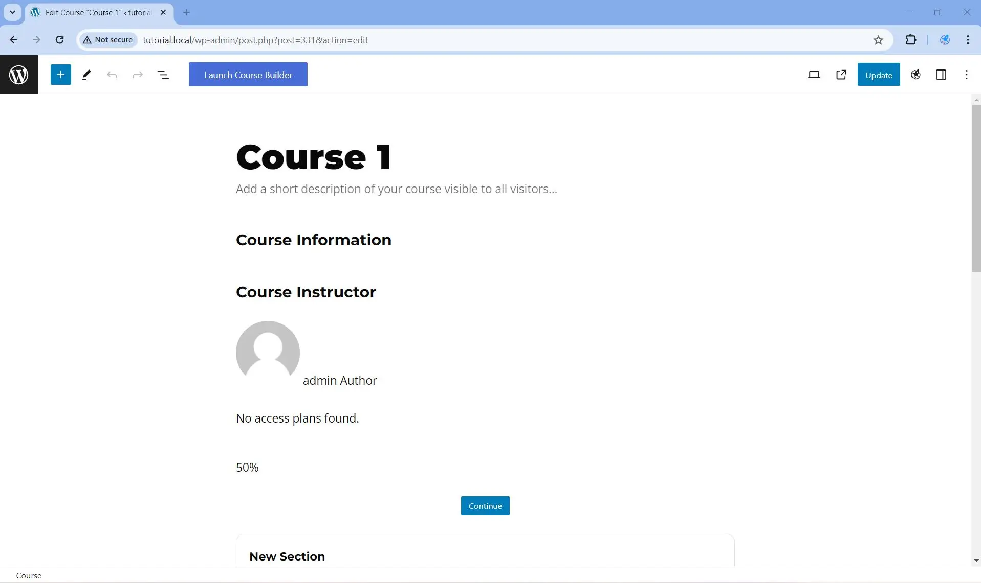 Course opened in the block editor or in Gutenberg