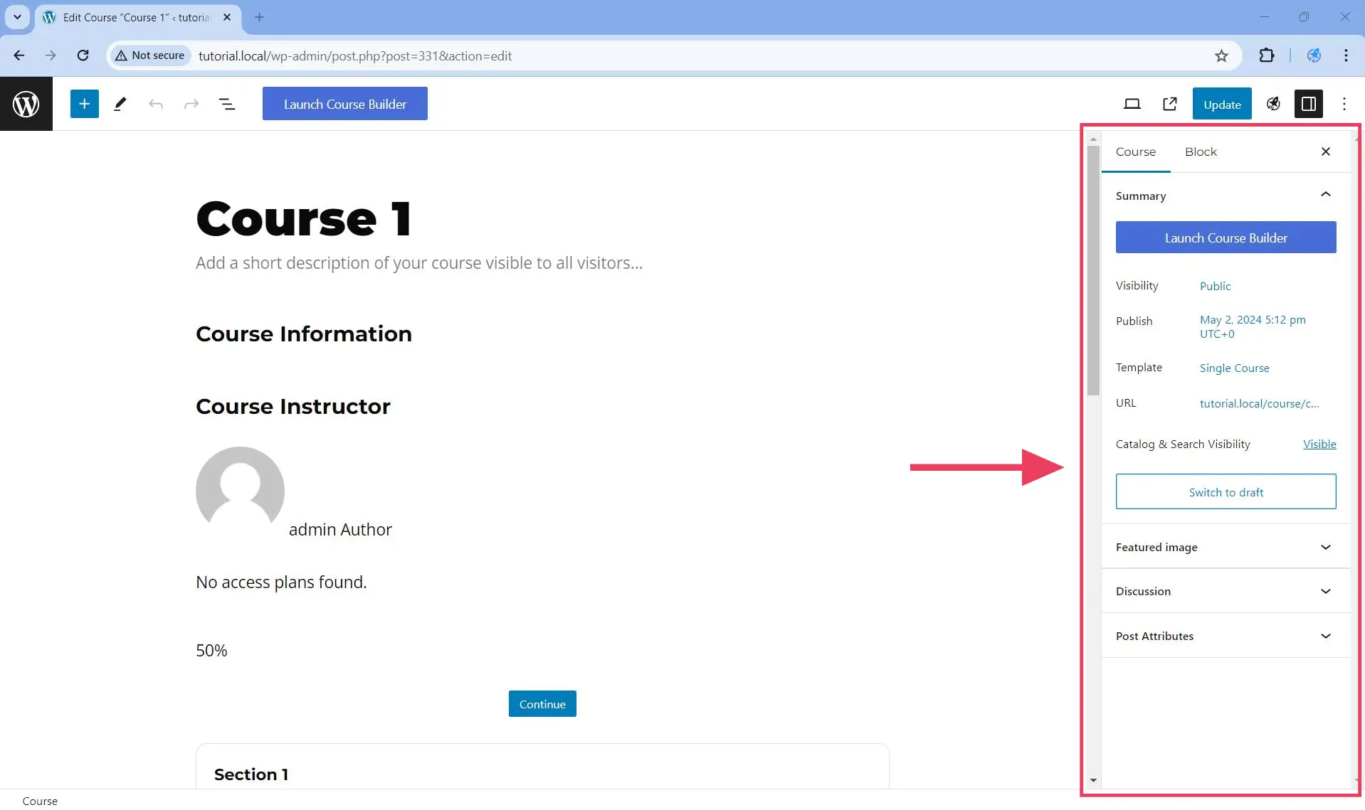 Course settings panel opened on the side