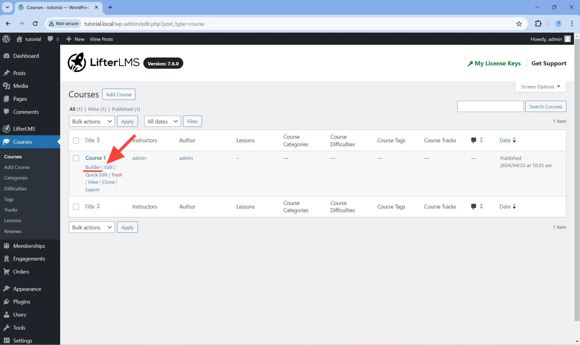 Hover under the course name of the course you want to edit, and click on the Builder link