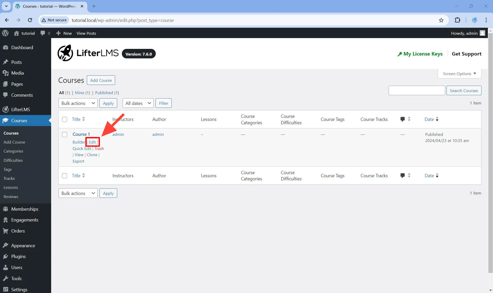 Hover under the course name of the course you want to edit, and click on the Edit link