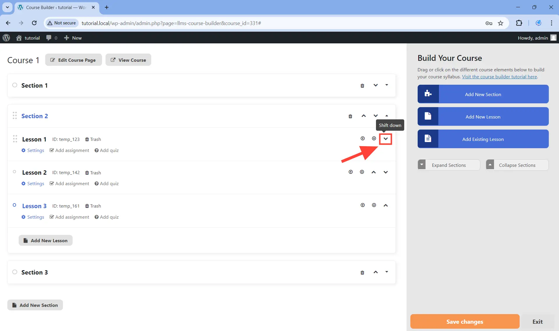 Lesson Shift down button