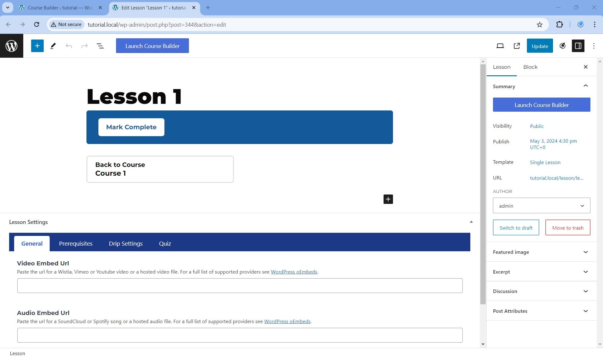 Lesson in the block editor or Gutenberg editor