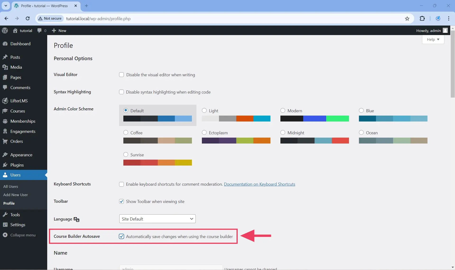 Make sure that Course Builder Autosave is checked