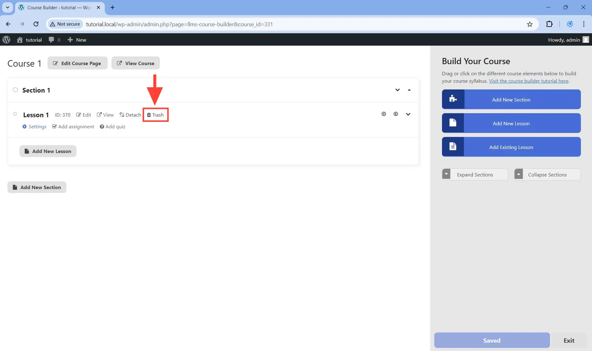 One way to delete a lesson is by clicking on the Trash icon for that lesson