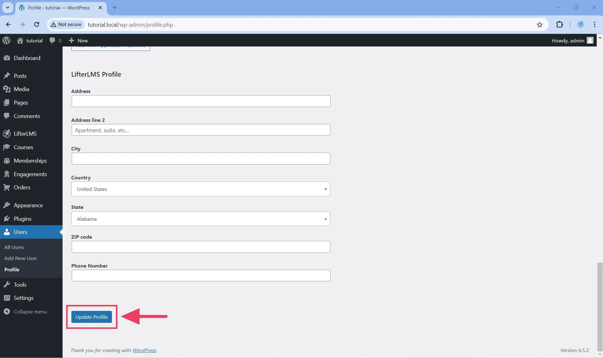 Save the changes by clicking on the Update Profile button