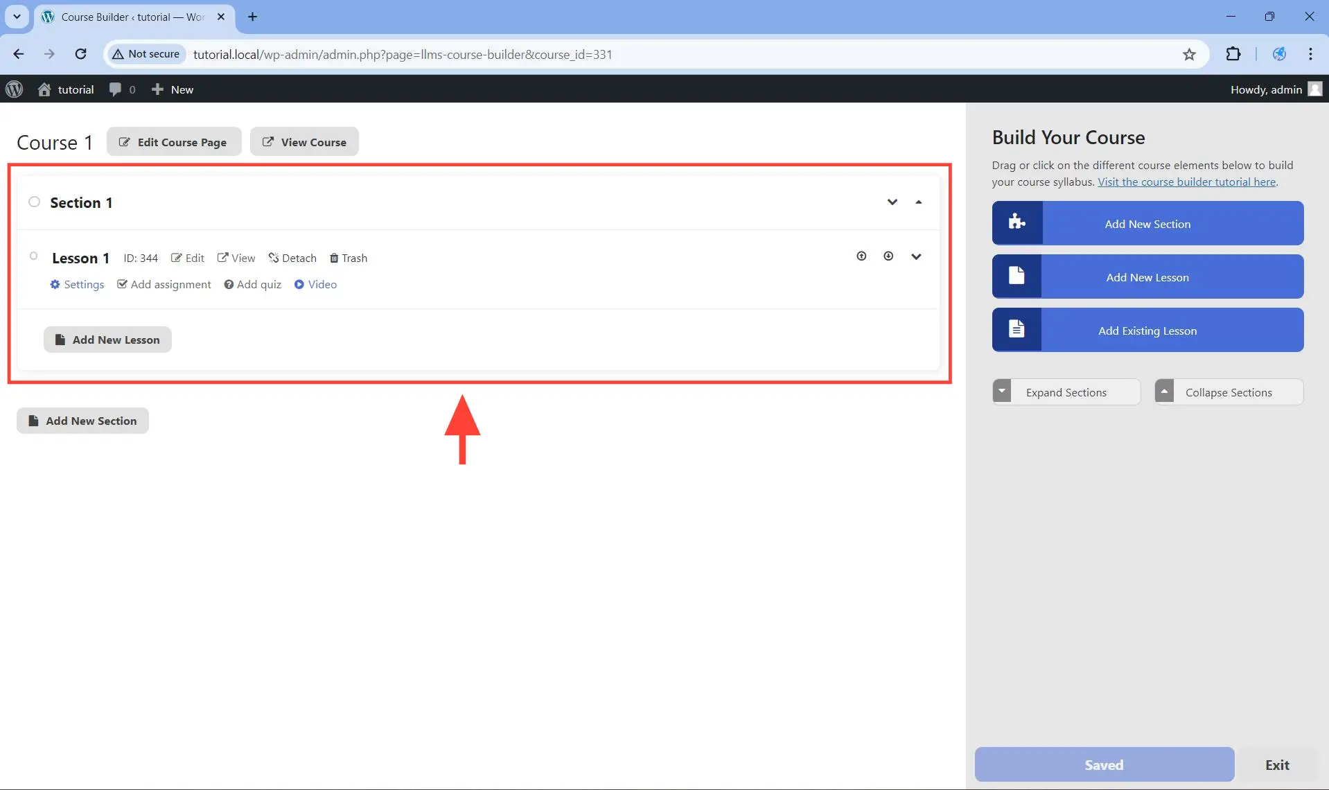 Select a section to add the existing lesson to by clicking on that section until it is expanded