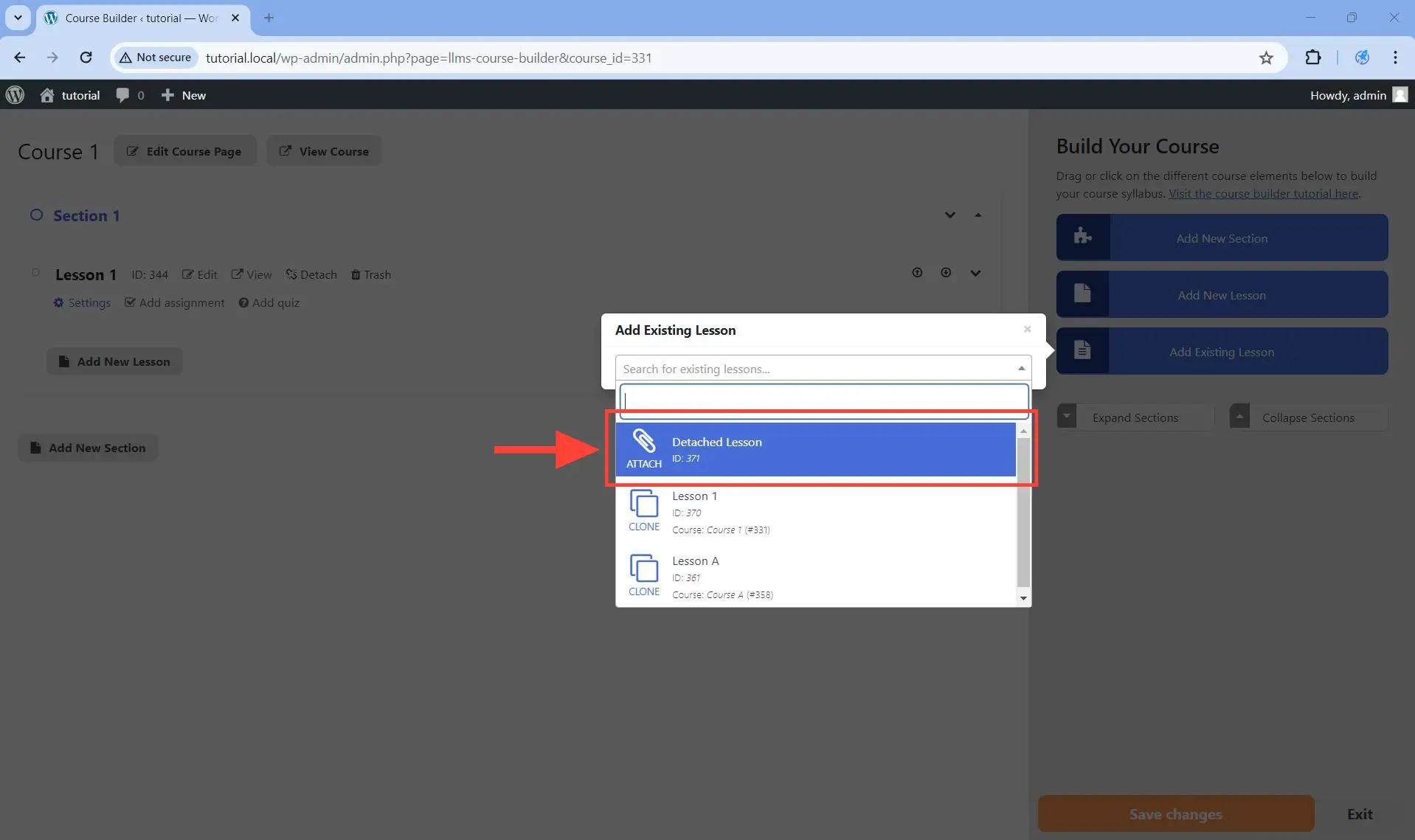 Select the lesson you wish to attach from the dropdown