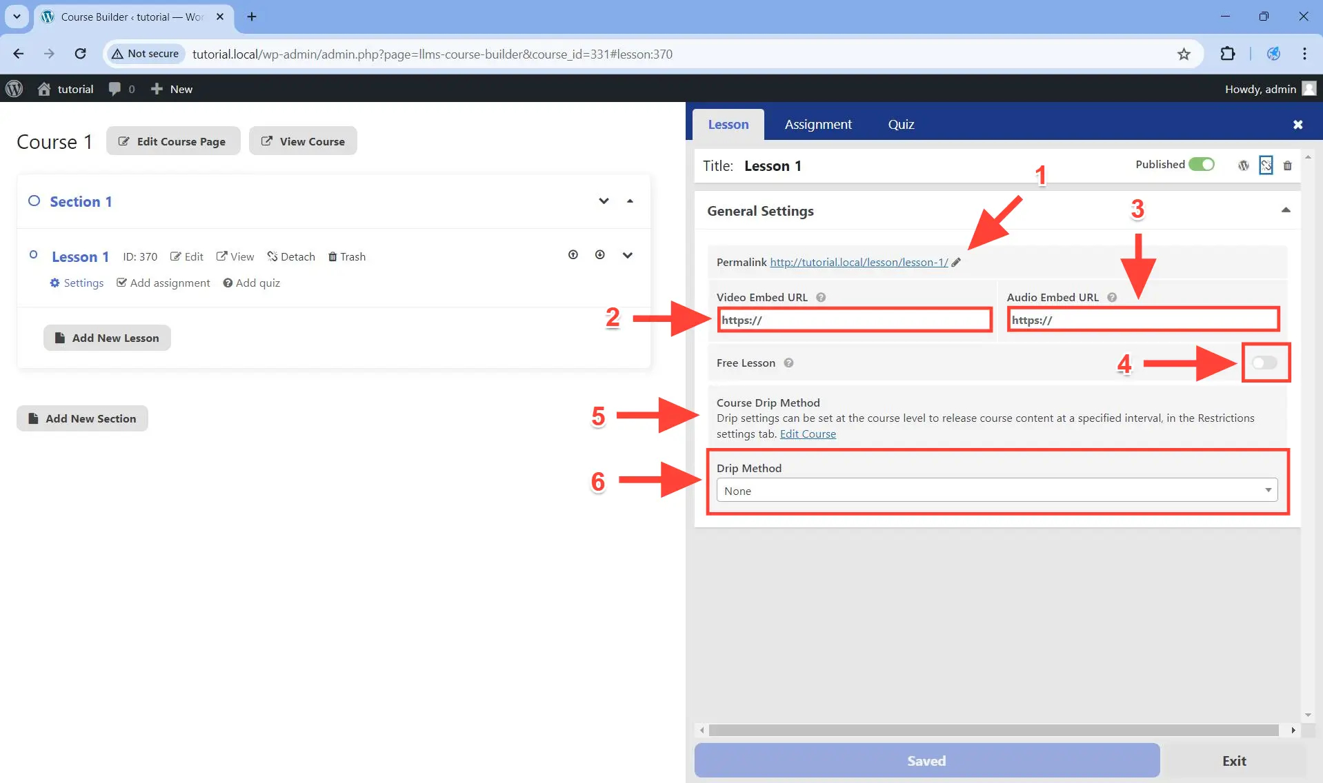The Lesson General Settings panel