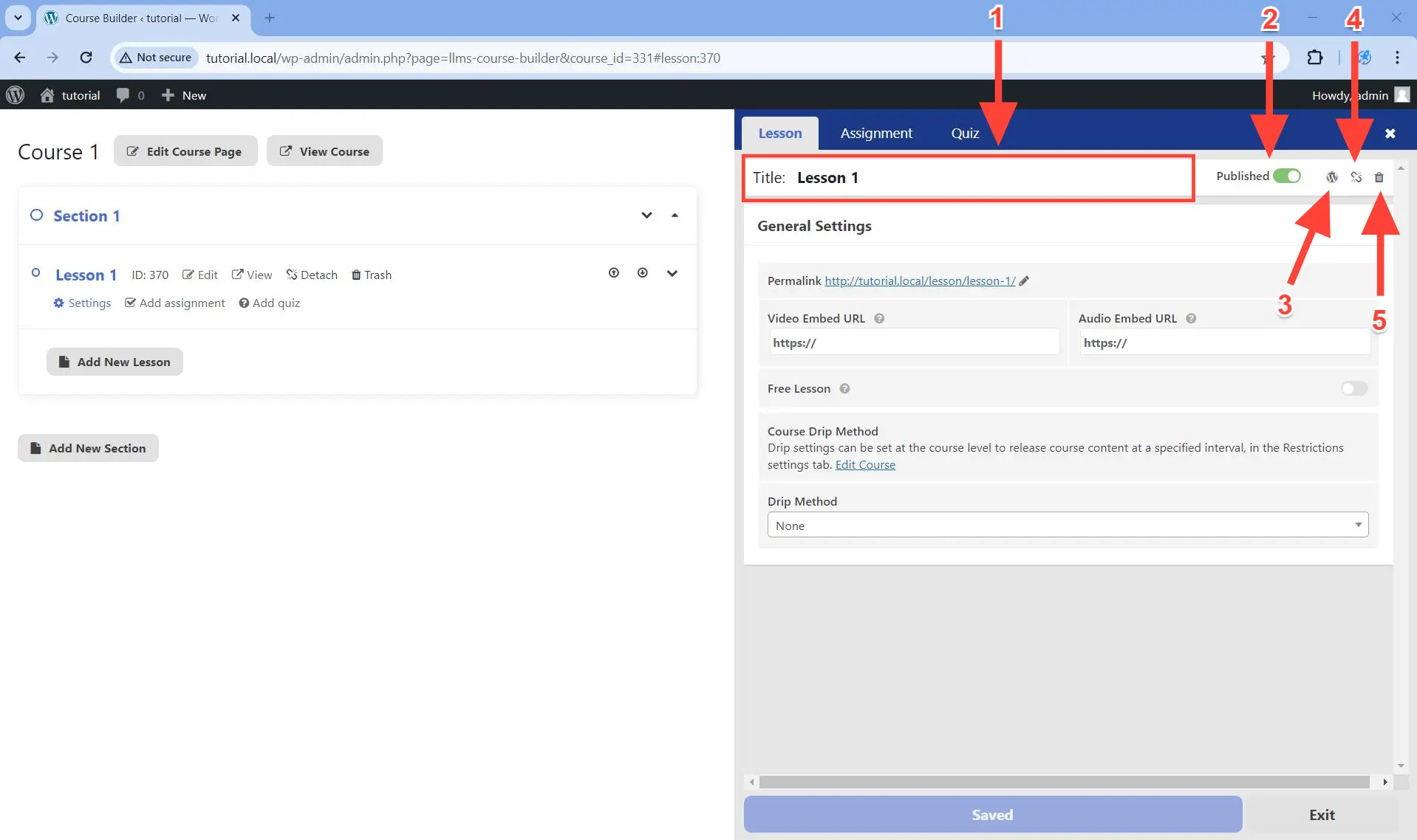 The Lesson Title toolbar