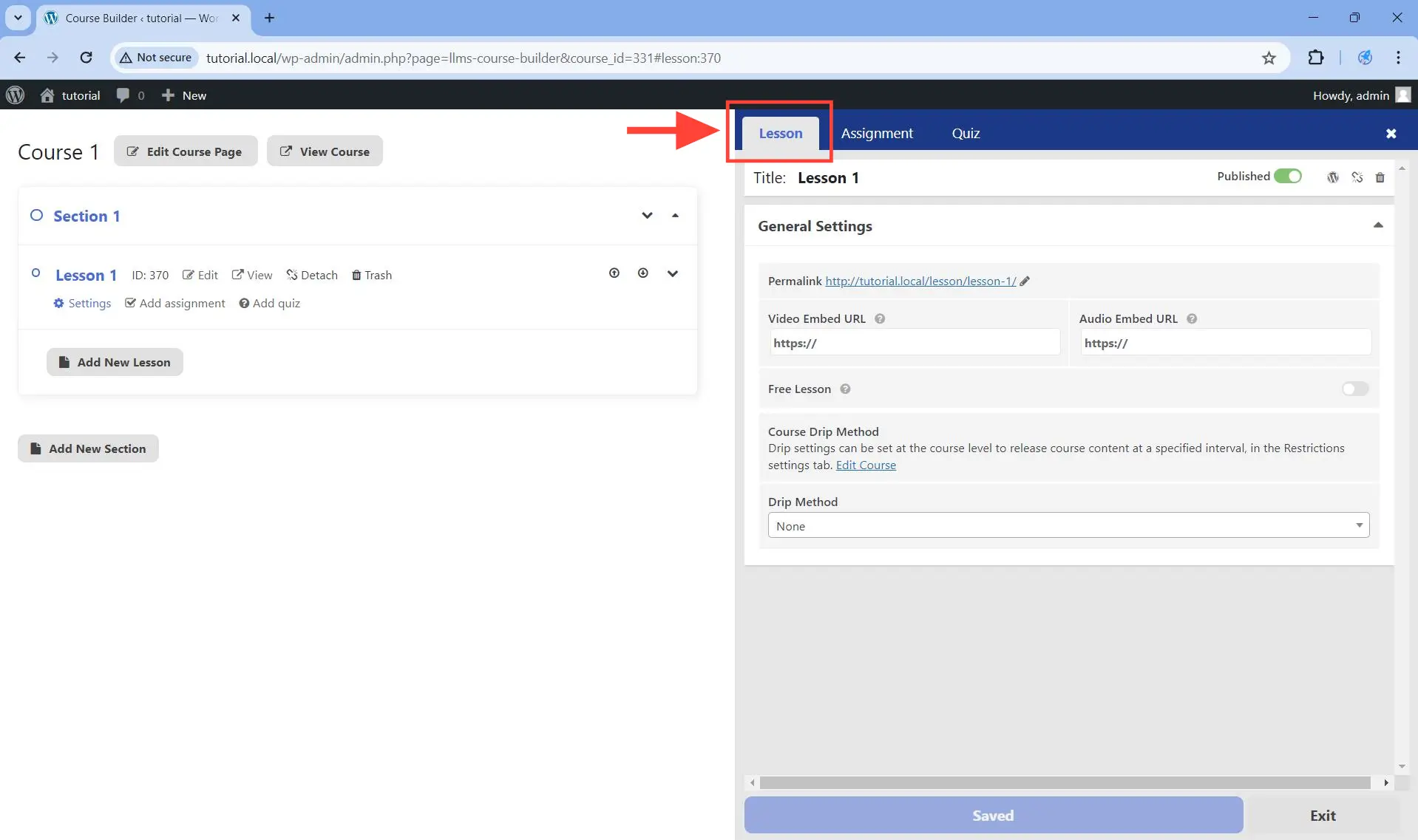 The Lesson tab in the lesson settings panel