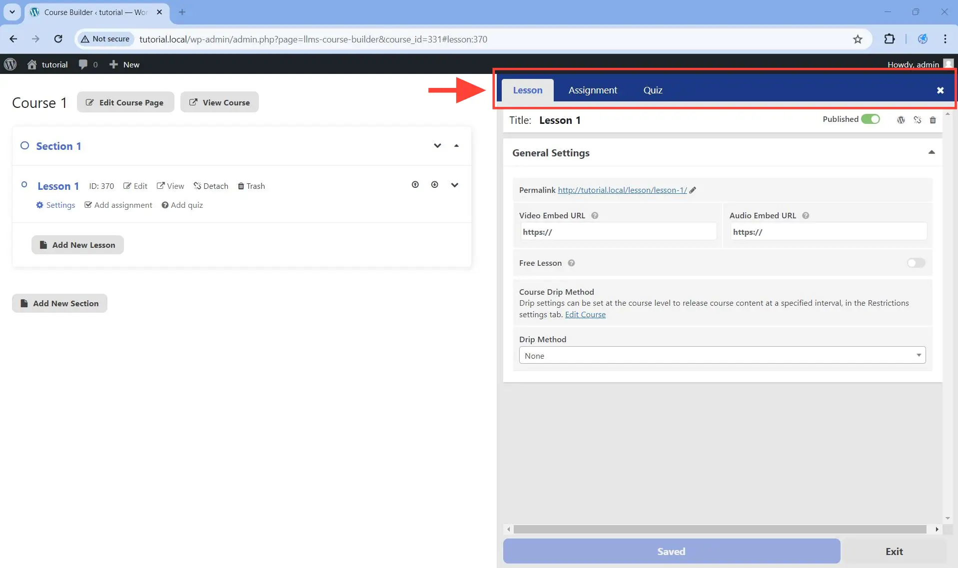 The lesson settings panel has three tabs Lesson, Assignment, and Quiz