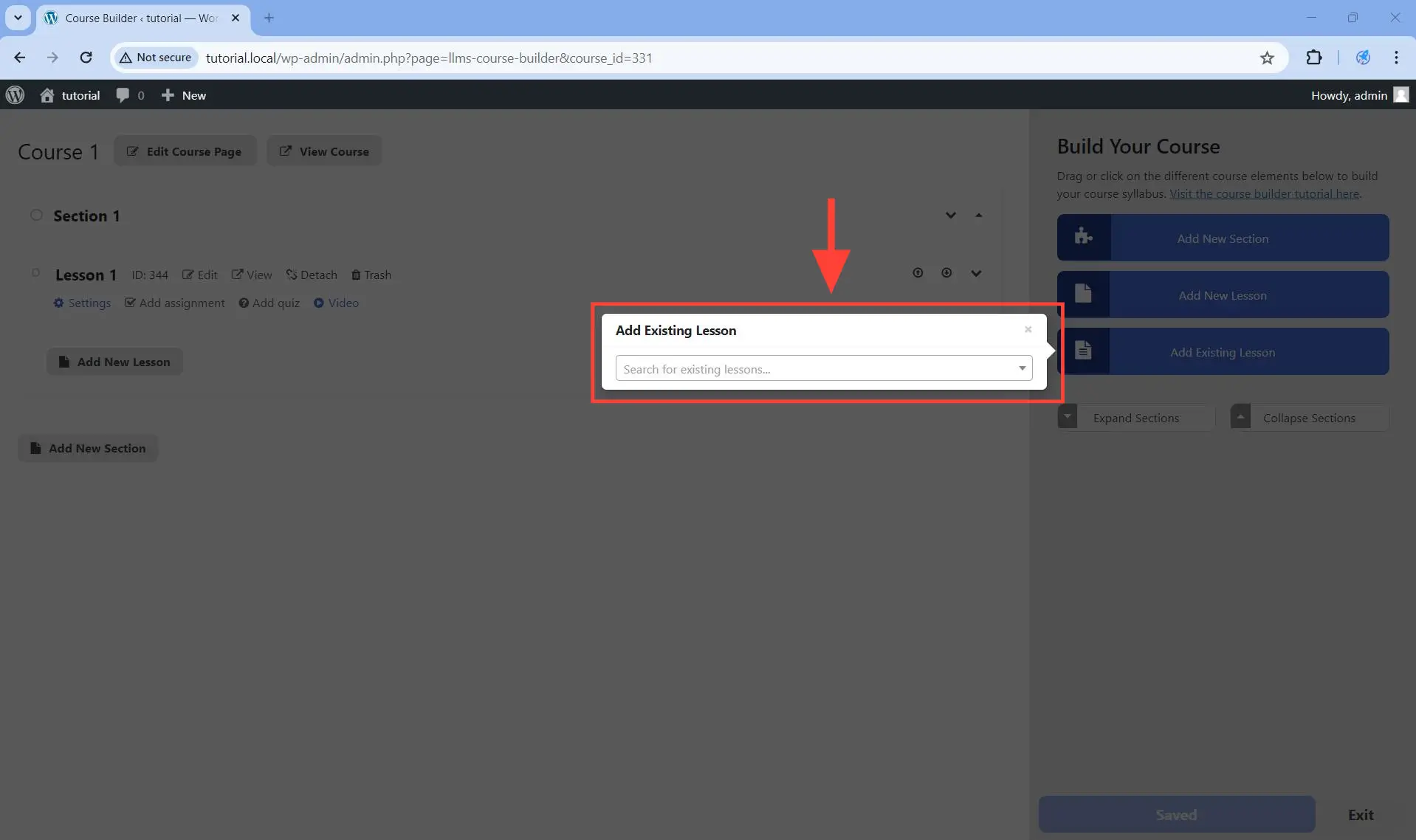 This will open up a dropdown from which you can select which existing lesson you would like to attach to the currently selected section