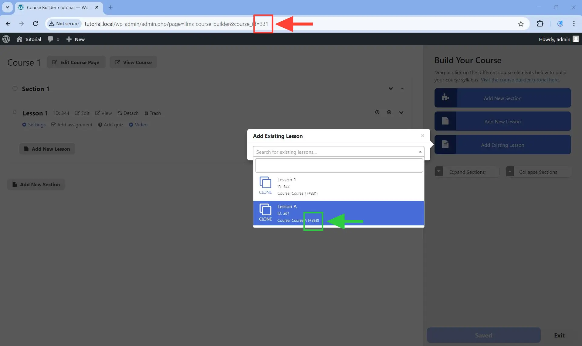 To clone an existing lesson from a different course, select a lesson whose course ID differs from the course you are editing in the builder