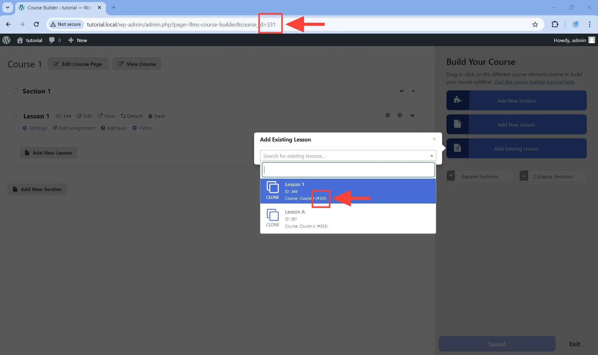 To clone an existing lesson from within the same course, select a lesson with the same course ID as the course you are editing in the builder