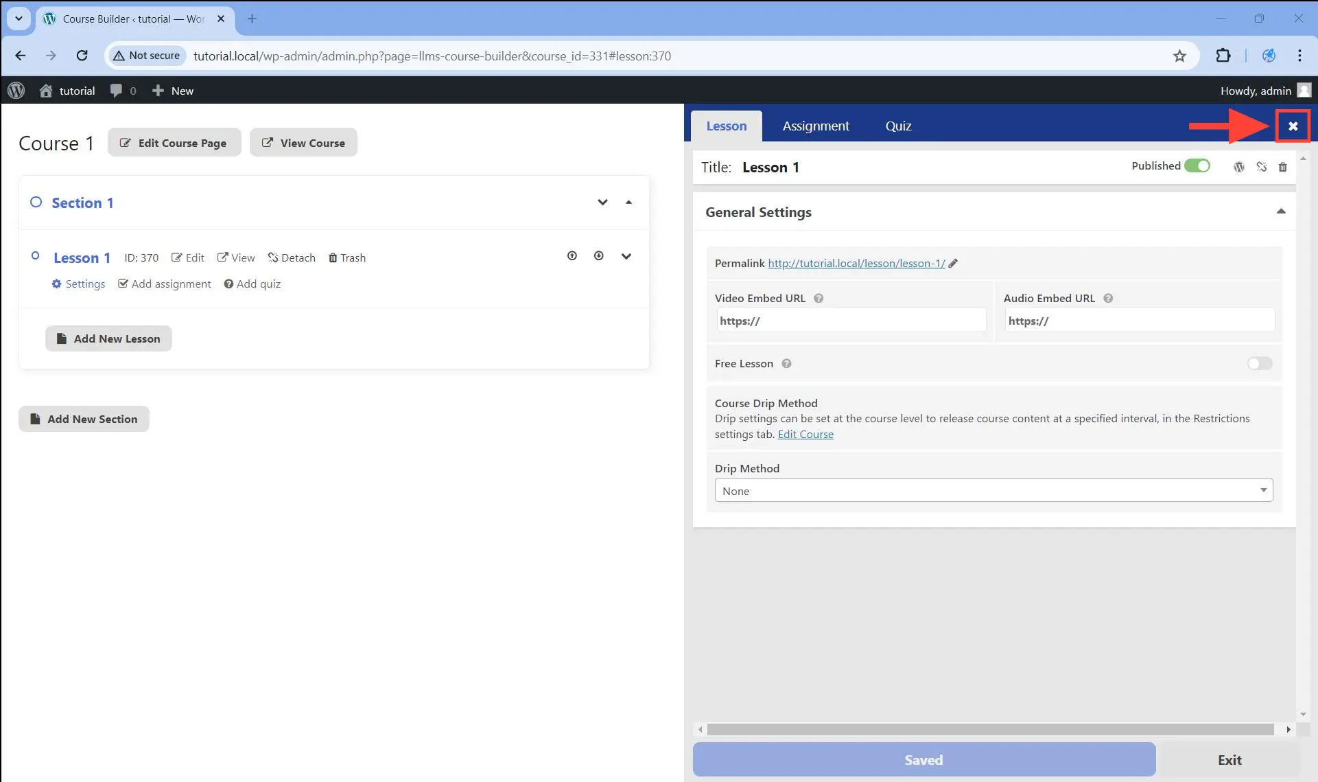 To close the lesson settings panel, click on the close button at the top right corner