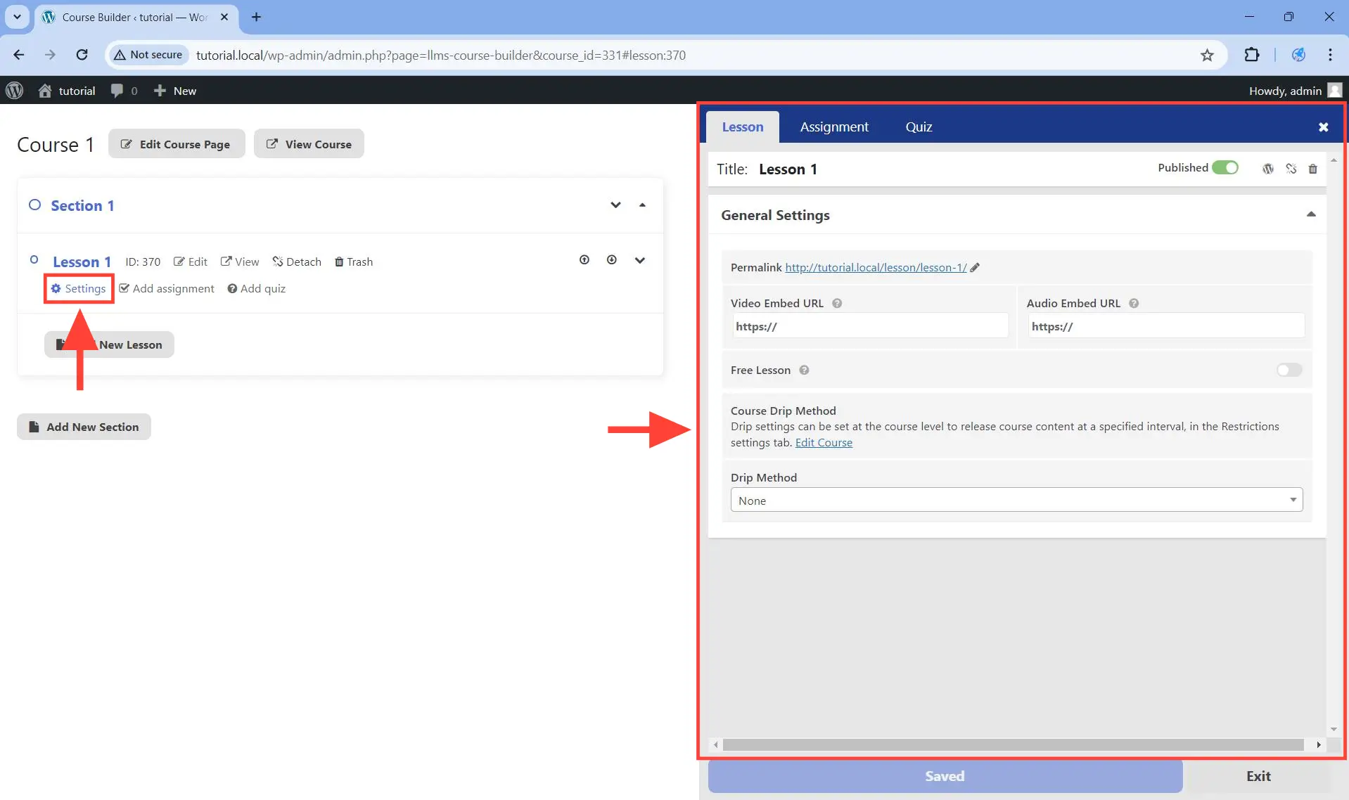 To edit the lesson settings, click on the Settings button of your chosen lesson