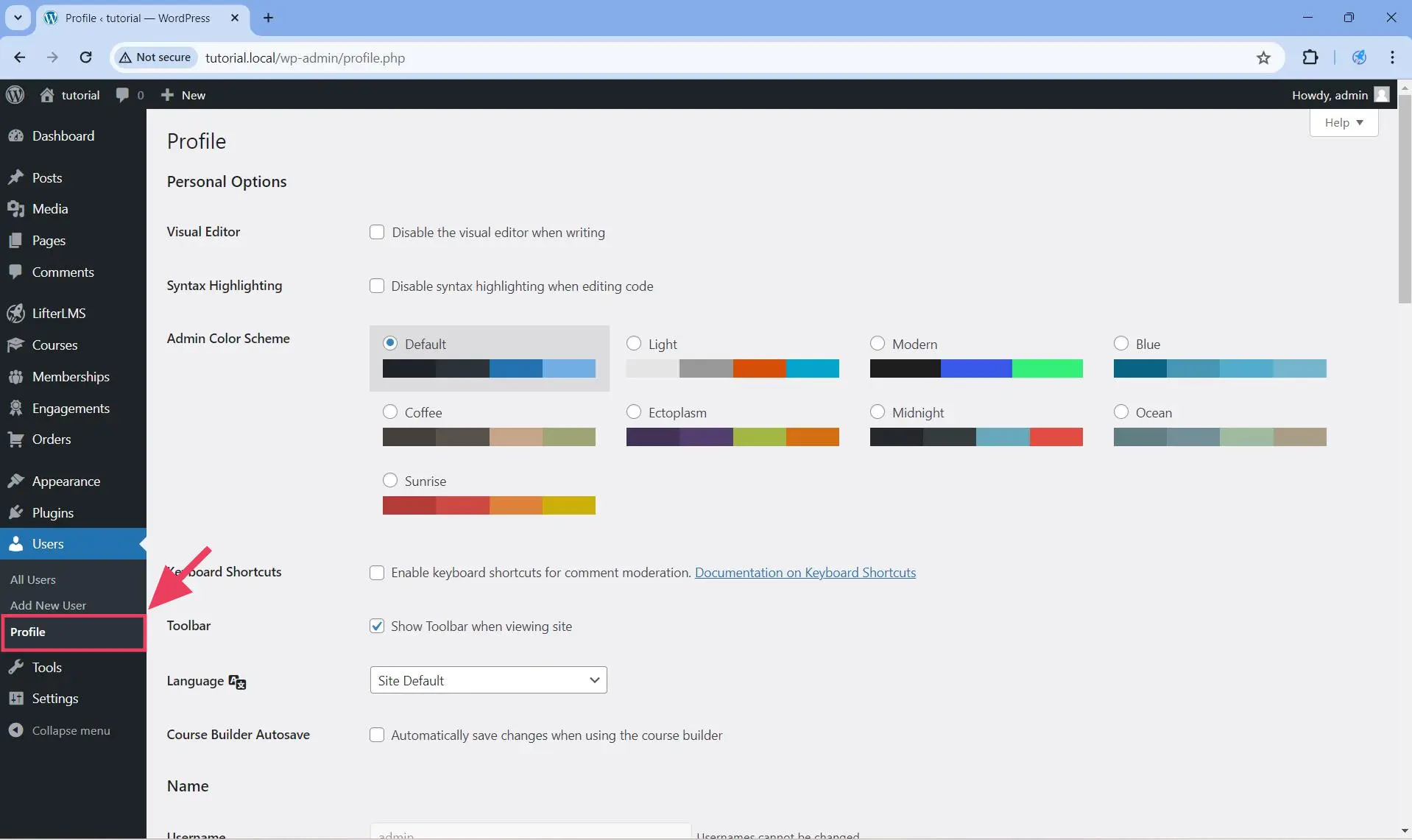 User Profile menu item