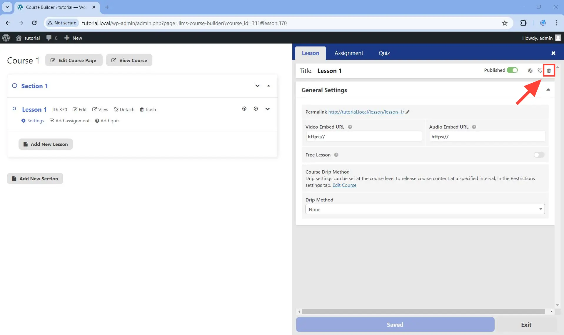 You can also open the lesson settings and click on the trash icon there to delete the lesson