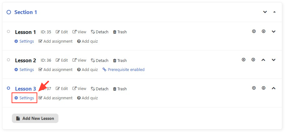 Lesson settings in the course builder.