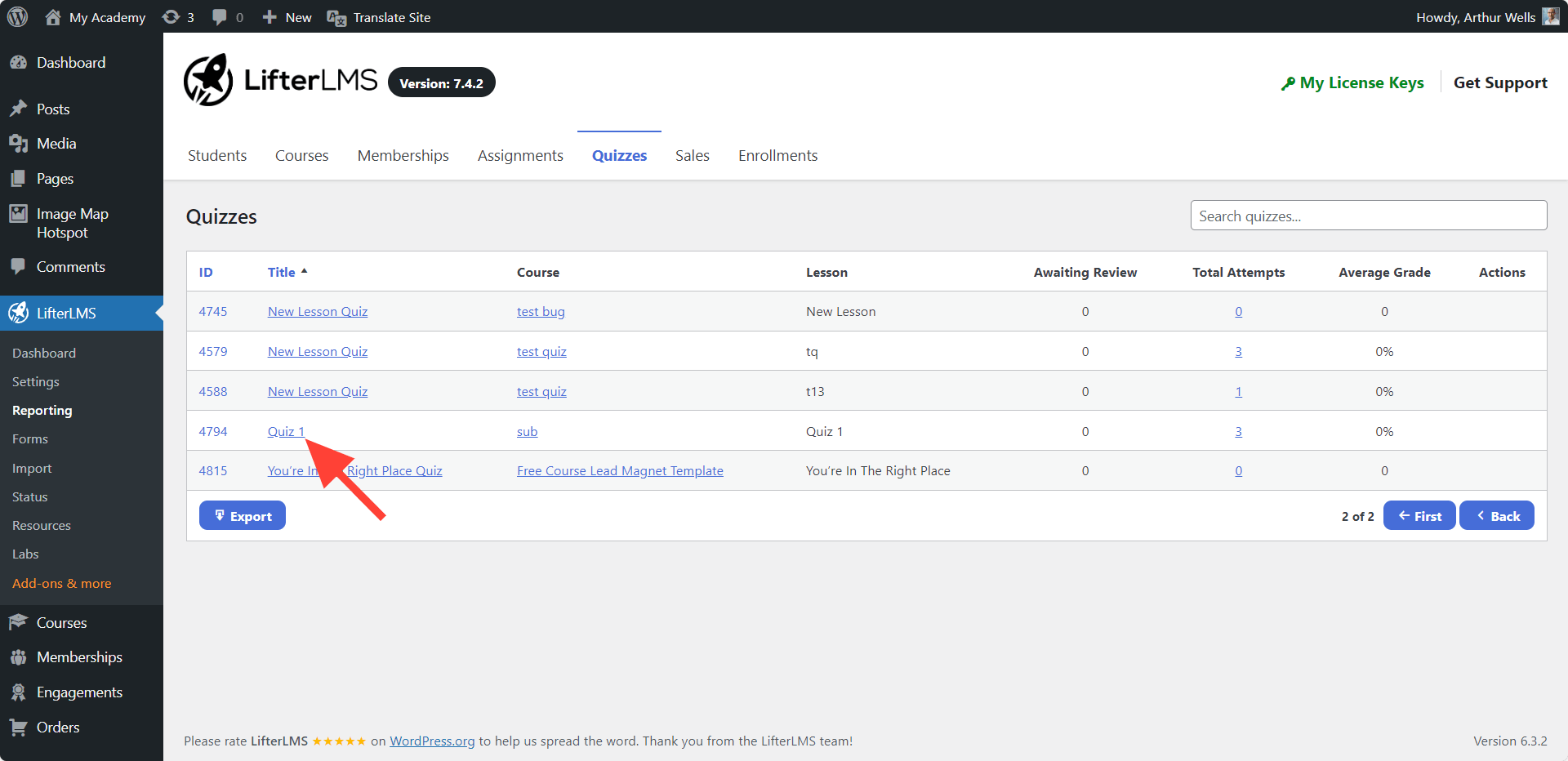 LifterLMS Reporting Specific Quiz
