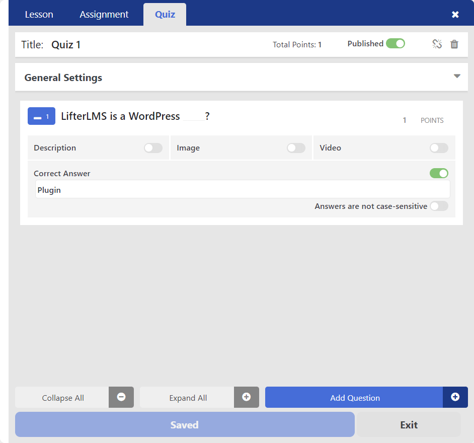 LifterLMS Fill In The Blank Quiz