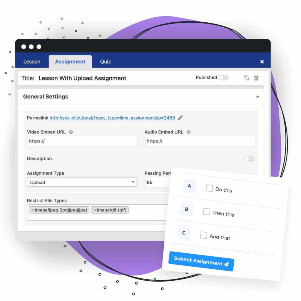 Edit assignments in the LifterLMS Course Builder to add Essay, Task List, or Upload Type Assignments