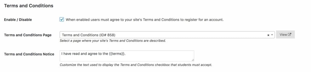 Terms and Conditions Settings