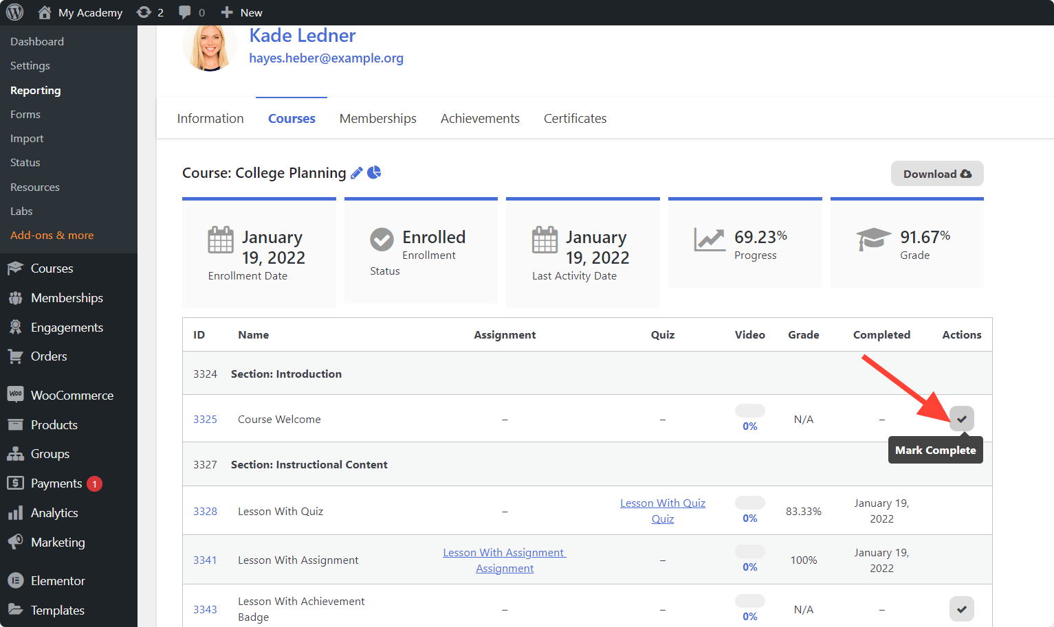 LifterLMS Mark Complete Lesson