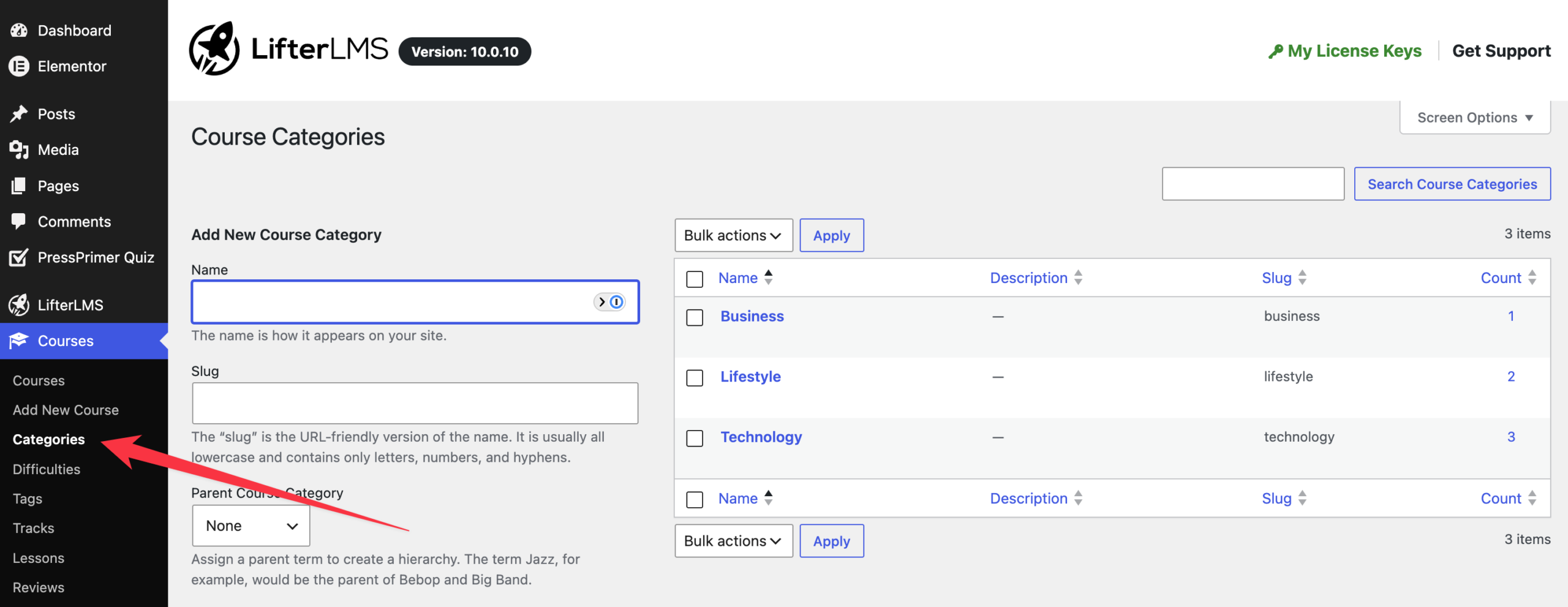 edit course categories
