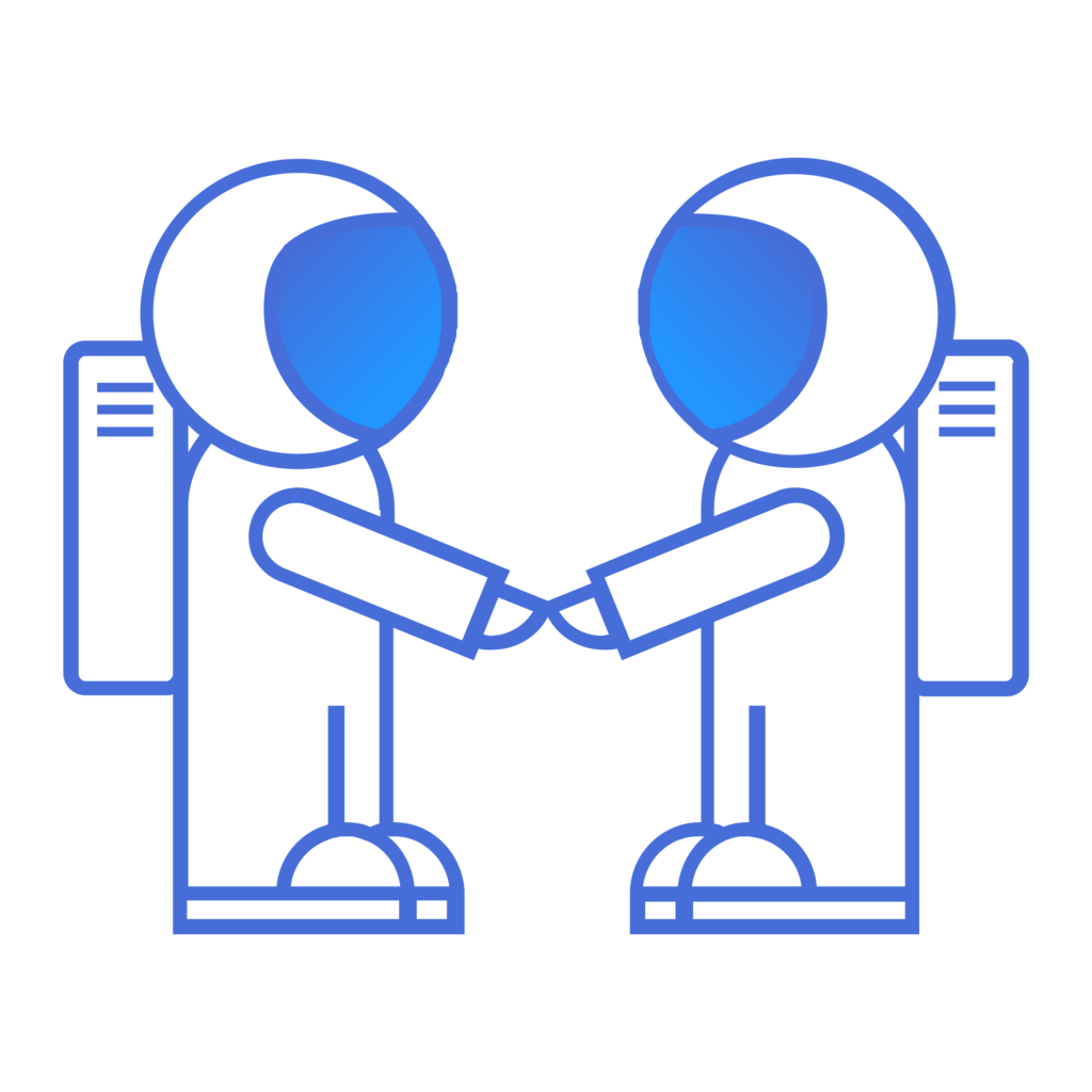 Two blue-outlined astronauts shaking hands