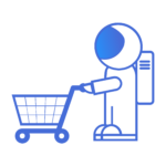 Blue line art of an astronaut pushing a shopping cart