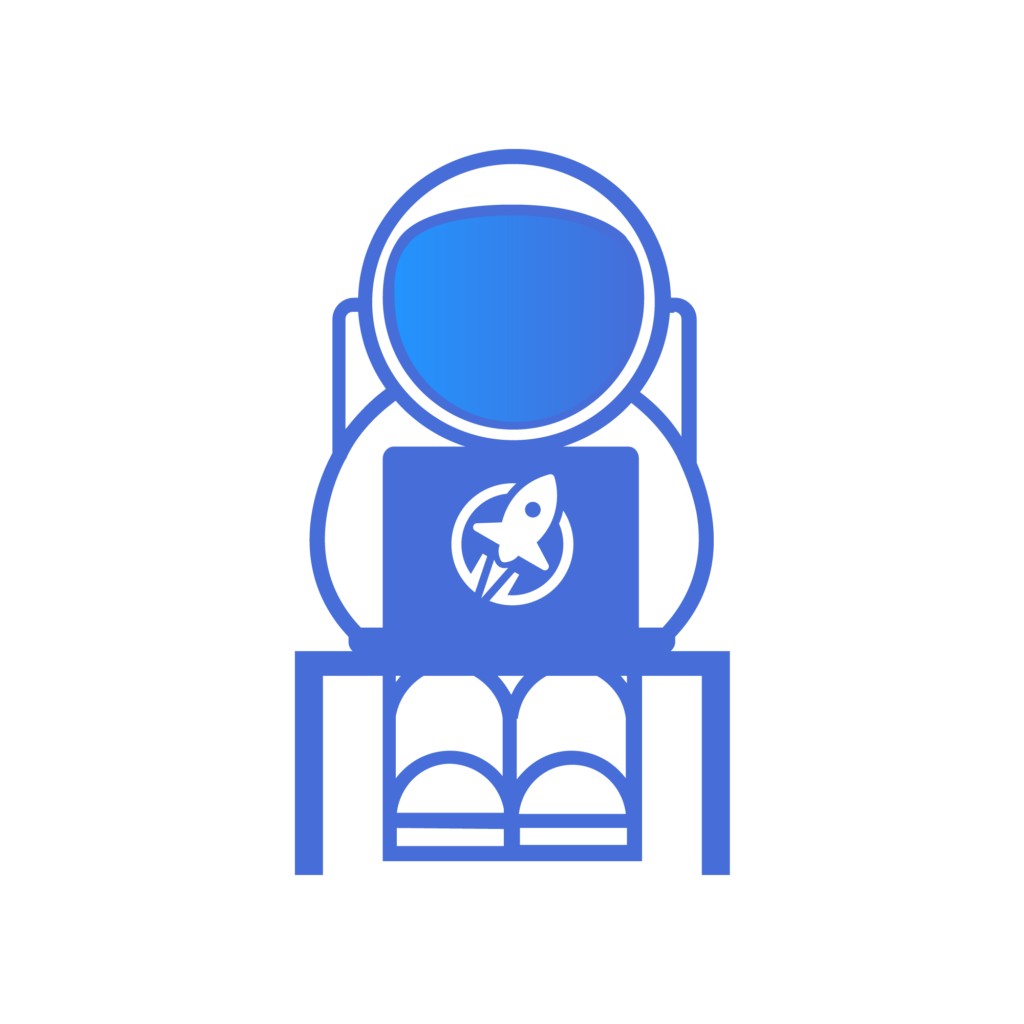 Blue line art icon of an astronaut sitting at a desk using a laptop with a rocket ship logo