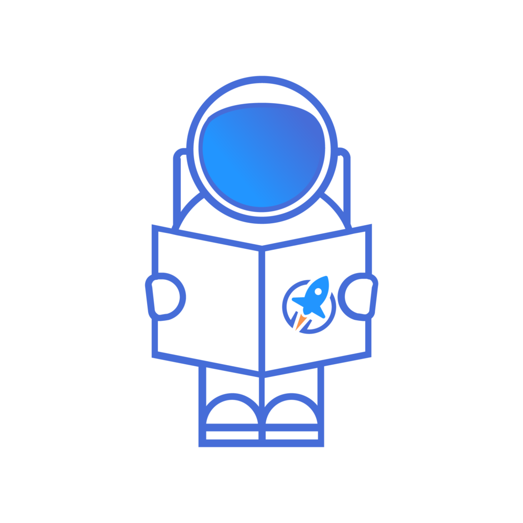 Blue line drawing of an astronaut reading a book with a rocket icon on the cover