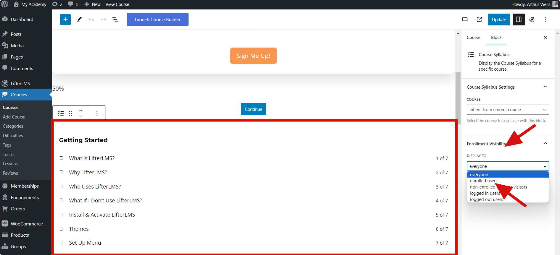 LifterLMS Course Syllabus Enrollment Visibility