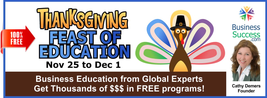Thanksgiving Feast of Education banner promoting free online coaching business programs with a turkey illustration