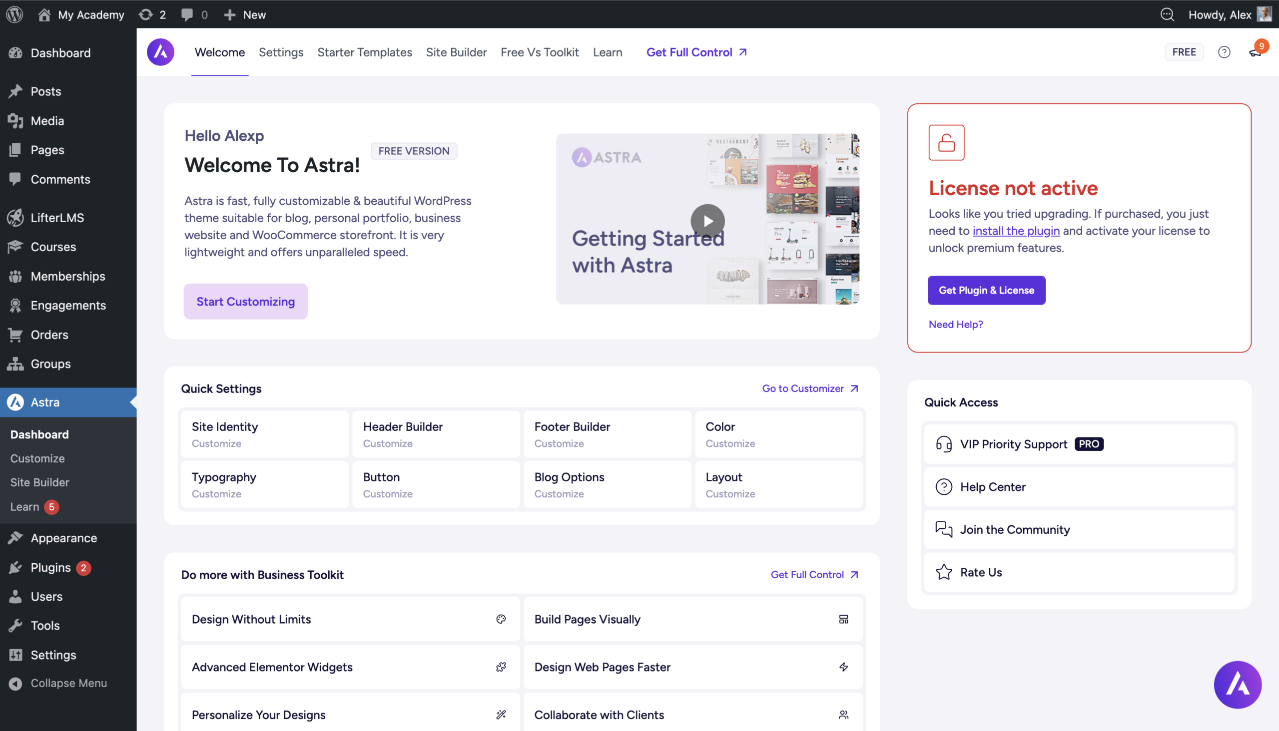 Astra dashboard