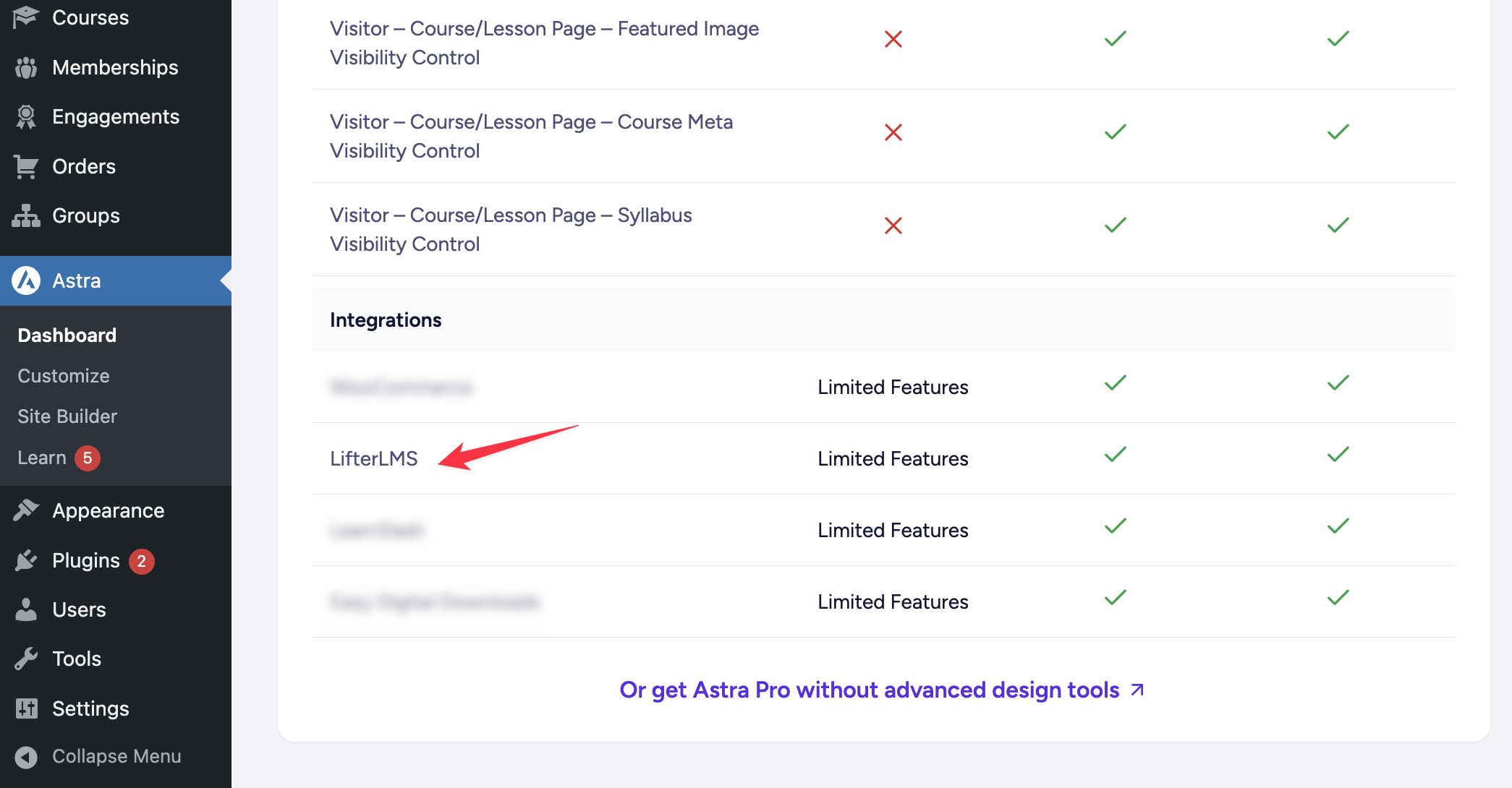 Activate LifterLMS integration in Astra