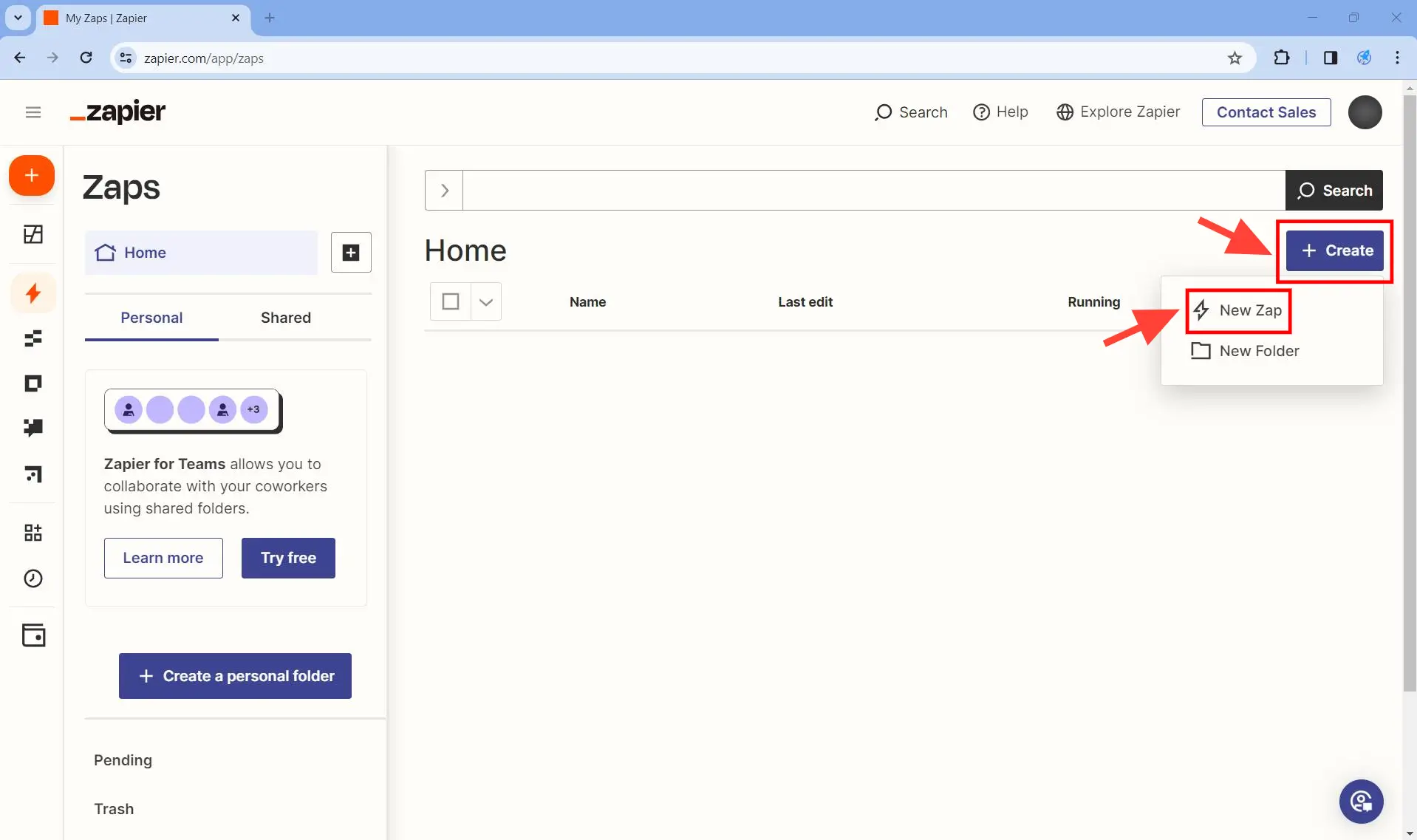 Create a zap - Step 1 - Click on the + Create New Zap.